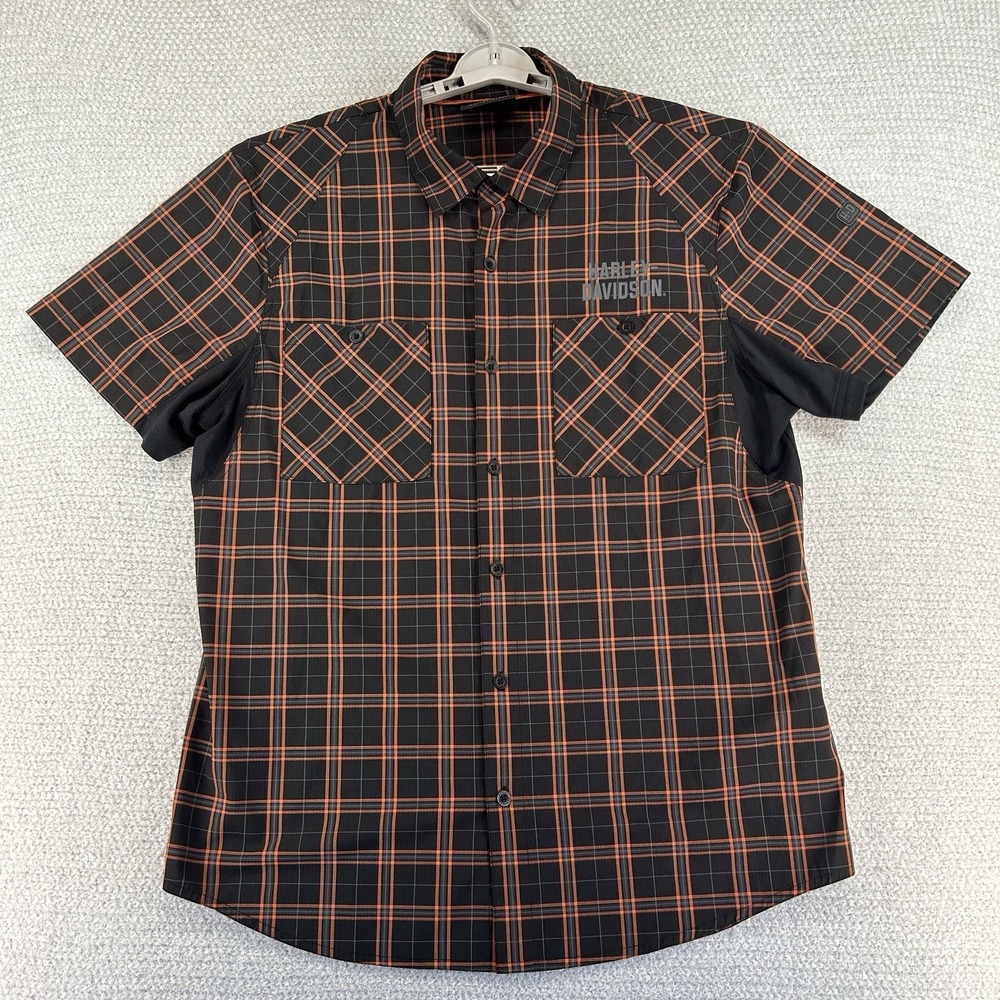 Harley-Davidson Shirt Mens XL Orange Black Plaid HD Performance Motorcycle Bike